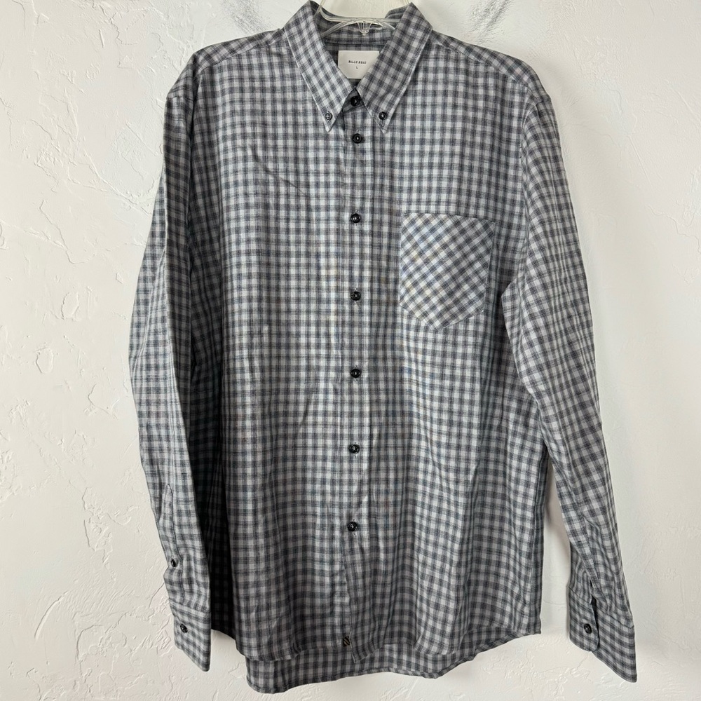 Billy Reid Shirt Button Down Dress Top Herringbone Plaid Print Black Gray Linen